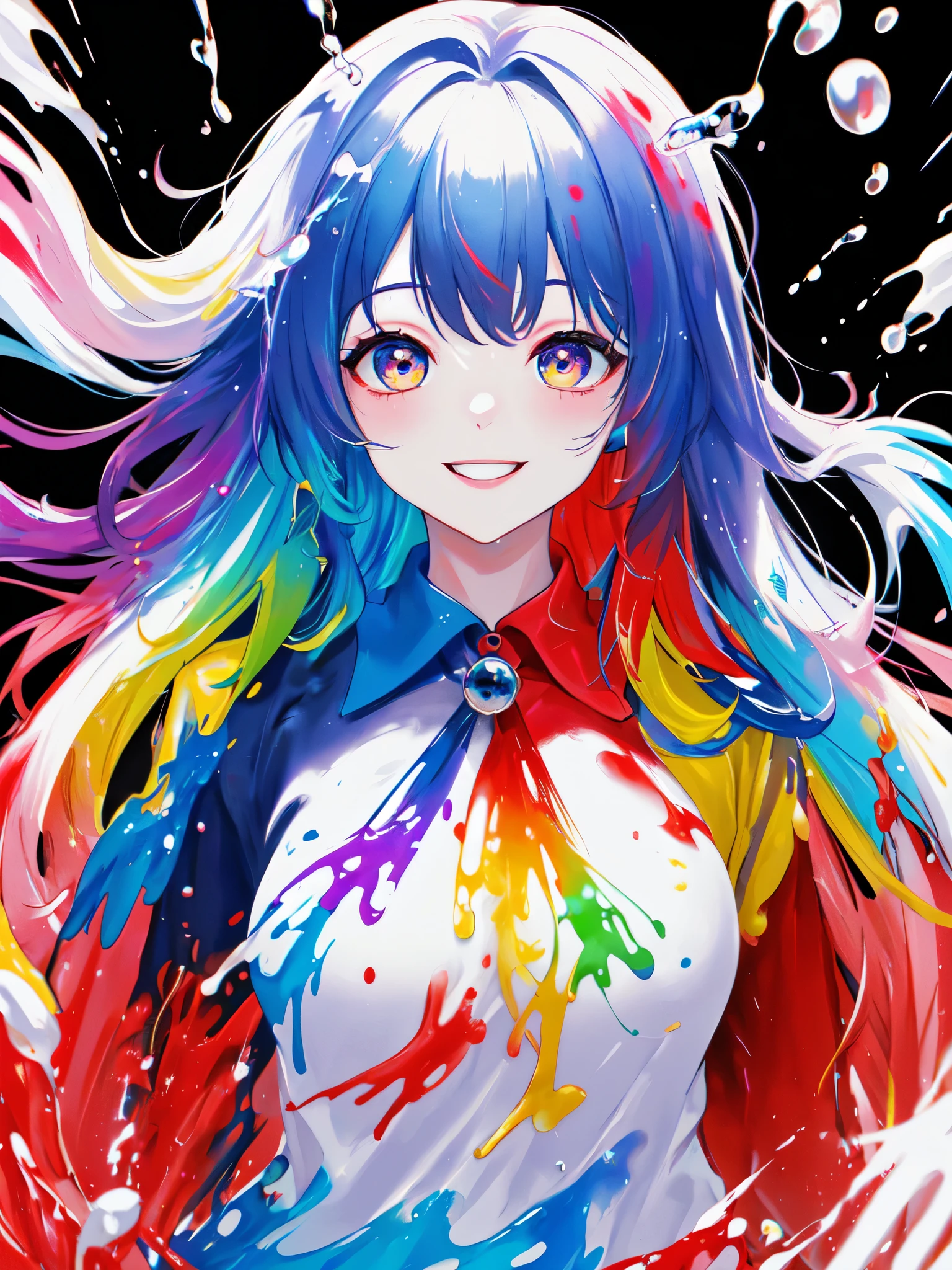 (8K, highest quality, masterpiece: 1.2), High-definition RAW color photo, Professional photography, smile, Happy, Charm, bursting spray can, Rich color background, Charm background, colorful background, (splashed color, Splash paint)