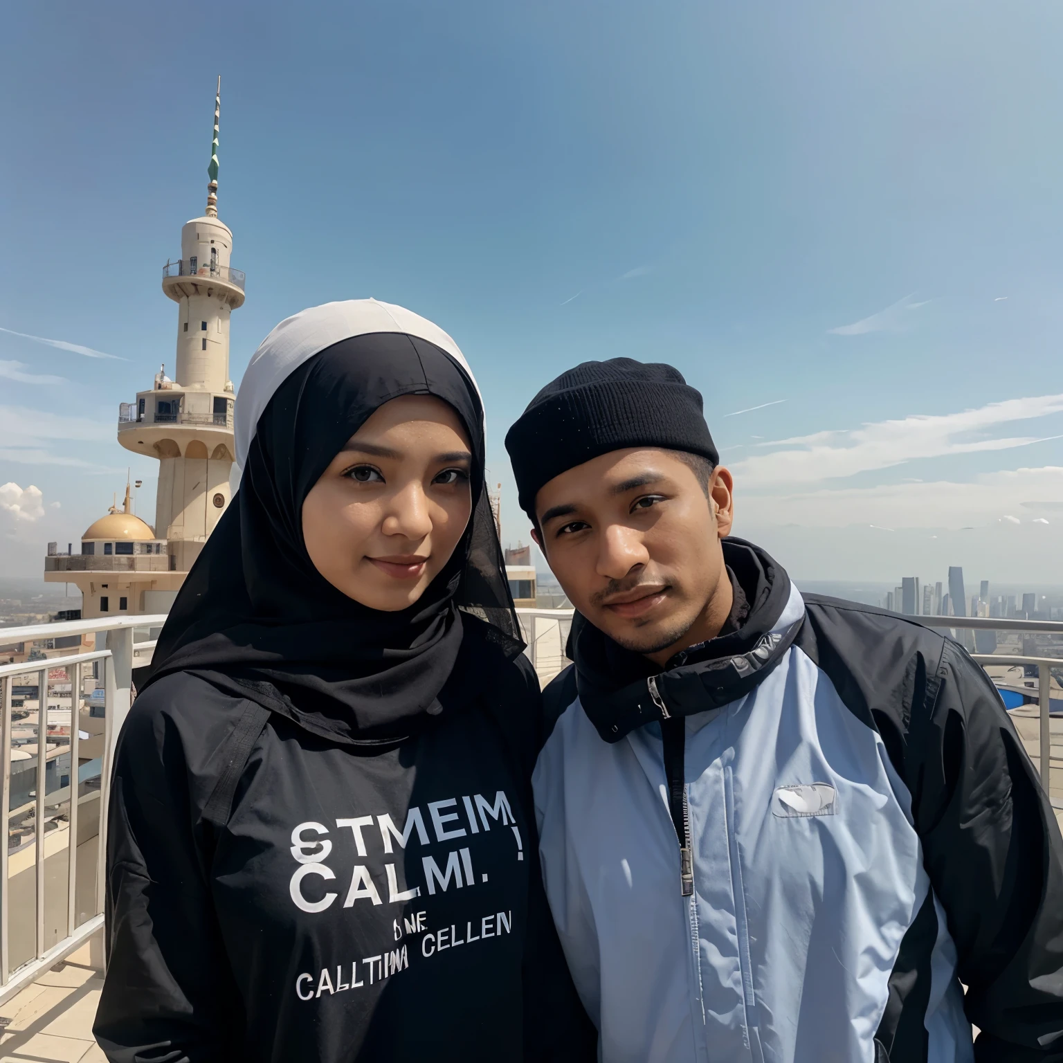 A couple siting on the beautiful boat. boyfriend proposed her girlfriend hijab with red rose. Boy wearing a t-shirt written his name Thahir and girl wearing a t-shirt written her name maji 3d cartoon animy