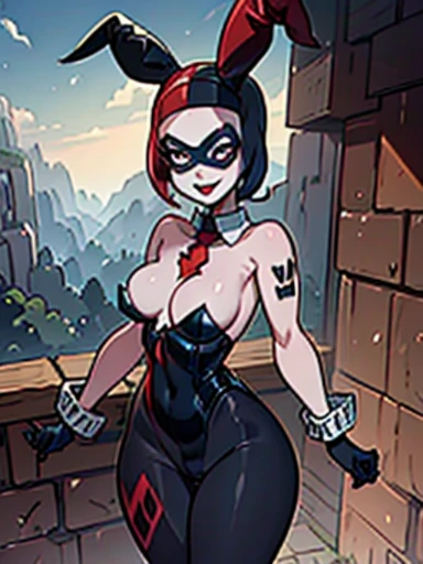 HarleyWaifu shooting a gun:1), (blue eyes, mask, domino mask, hat, bodysuit, jester cap, makeup, facepaint, gloves), (makeup), curvy, looking at viewer, evil smile, :D, leaning forward, cute pose, from below, (detailed landscape, bank, moeny, dollars:1.2), (background:1), (dynamic_angle:1.2), (dynamic_pose:1.2), (rule of third_composition:1.3), (dynamic_perspective:1.2), (dynamic_Line_of_action:1.2), solo, wide shot, (masterpiece:1.2), (best quality, highest quality), (ultra detailed), (8k, 4k, intricate),(full-body-shot:1), (Cowboy-shot:1.2), (50mm), (highly detailed:1.2),(detailed face:1.2), detailed_eyes,(gradients),(ambient light:1.3),(cinematic composition:1.3),(HDR:1),Accent Lighting,extremely detailed,original, highres,(perfect_anatomy:1.2),