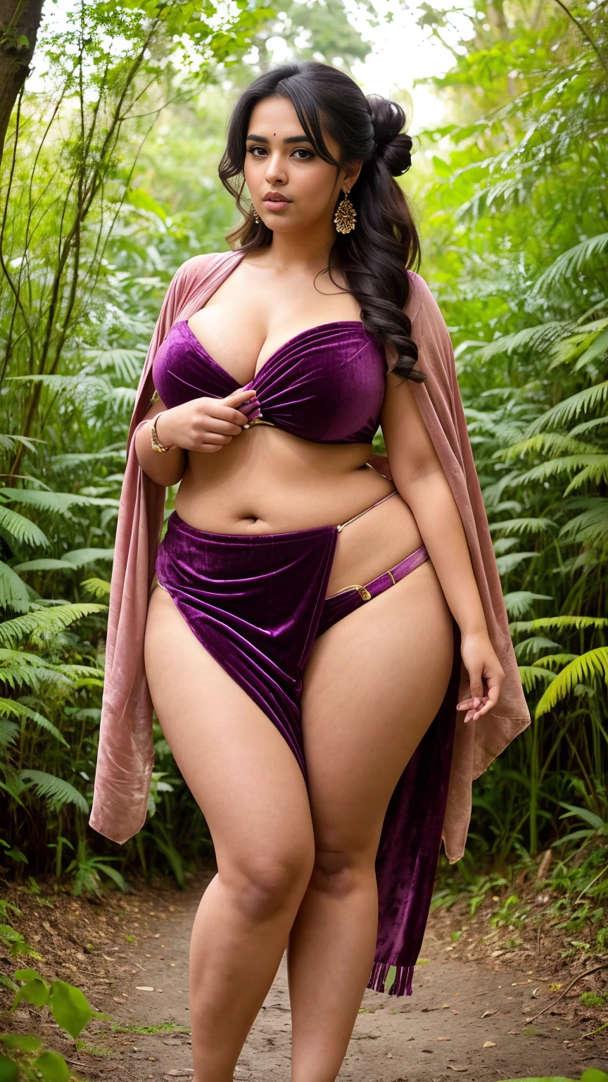 Indian beautiful woman sexy curvy plus size model wearing multiple color velvet Beauty in Sari : Charm & Nature facing to camera in standing position, curvy plus size figure, big m-cup bulky breasts ,wearing colorful Beauty in Sari : Charm & Nature, side bun hairstyle, bright eyes, thin eyebrows, fair skin, blushing cheeks, prefect , head to thigh view, beautiful nature background and location, head to thigh view