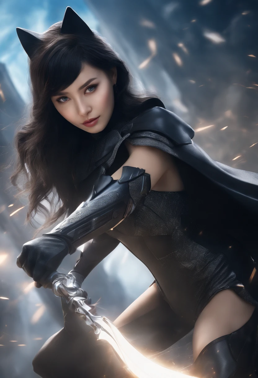 1girl, black hair, blue eyes, wearing full body armored suit, particles in background, absurdres, high res, ultrasharp, 8K, masterpiece, looking at viewer, cat girl ears same color as hair, mask, hands armored gloves, long cape, tmasterpiece， ultra fine photos， best qualtiy， realisticlying， rays of sunshine， full-body portraits, cleavage breasts, delicated face，Vibrant eyes，very highly detailed background, detailed background, opulent, high detail skin， Realistic details of skin，Visible pores，Clear focus，volume fog，8K UHD，digital SLR camera，high high quality，filmgrain，White skin of the，photorealistic
