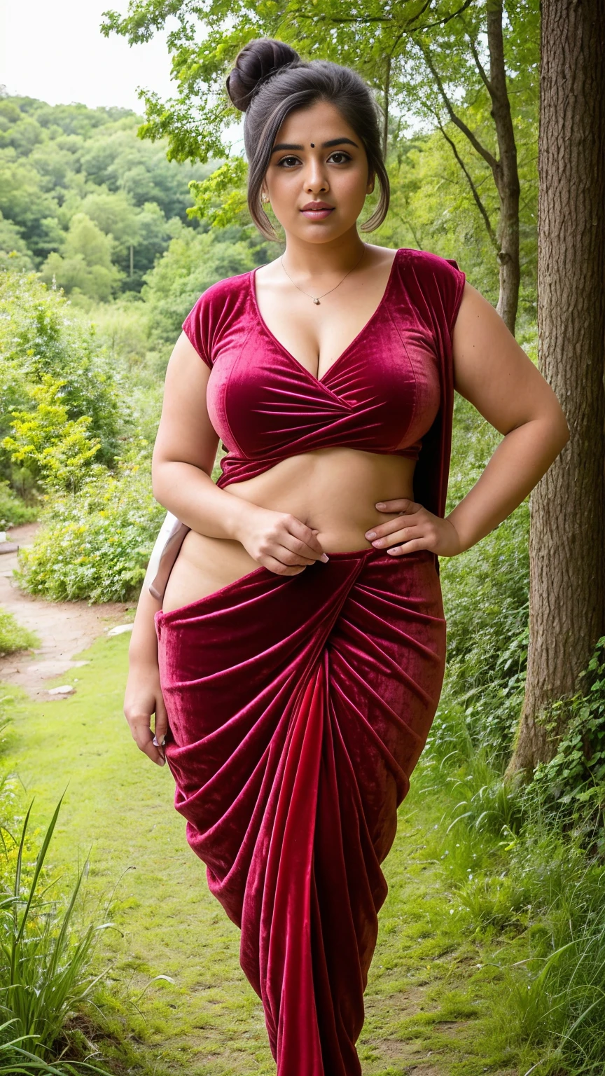 Indian beautiful woman sexy curvy plus size model wearing multiple color velvet Beauty in Sari : Charm & Nature facing to camera in standing position, curvy plus size figure, big m-cup bulky breasts ,wearing colorful Beauty in Sari : Charm & Nature, side bun hairstyle, bright eyes, thin eyebrows, fair skin, blushing cheeks, prefect , head to thigh view, beautiful nature background and location, head to thigh view