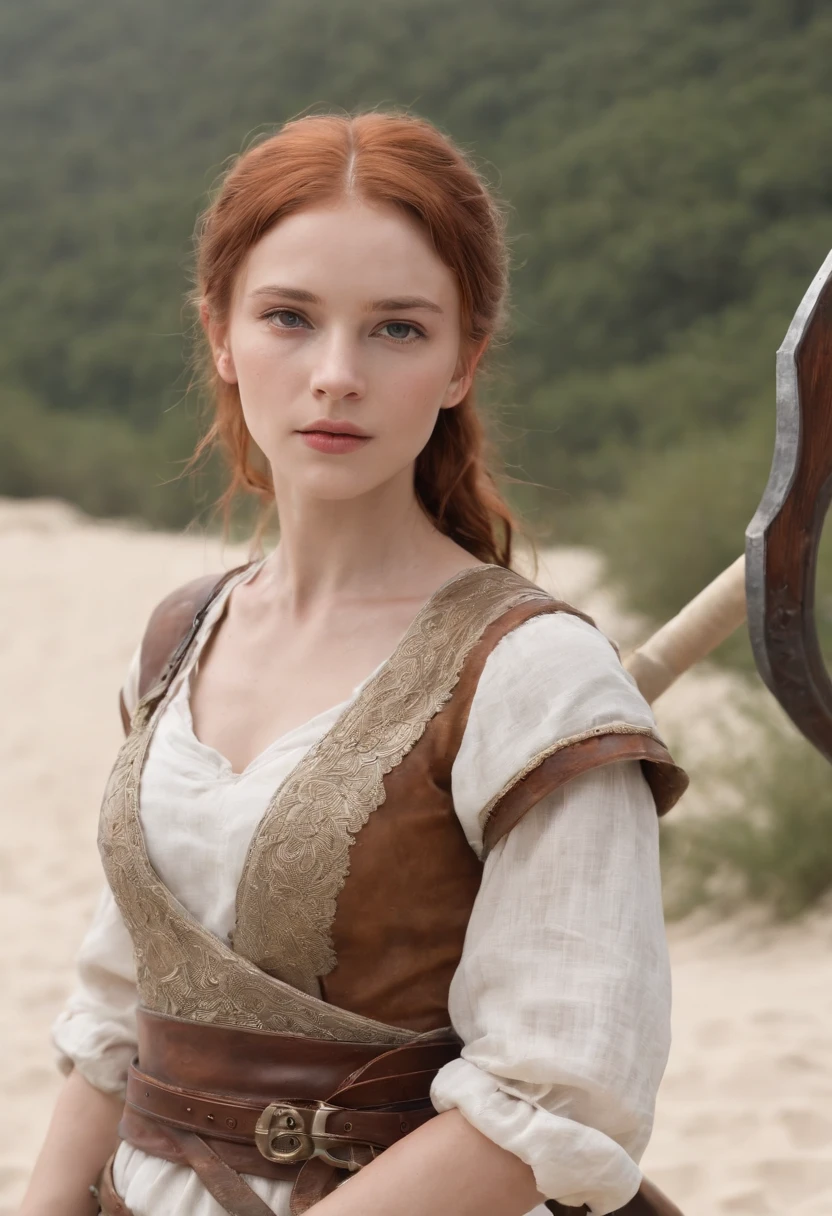 Full body photo of the girl、Beautiful Norwegian 13 year old girl、girl with hazel eyes、Redhead ponytail、dusty face、Medieval dress、White linen clothes、she wears leather armor、not plate armor、Leather gloves、linen sarouel pants、Leather sandals、she holds a bronze sword in her right hand、she holds a wooden shield in her left hand、Girl standing against the background of a sandy beach、Wind、sharp focus、realな顔の肌、heavy atmosphere、erotic face、hyper quality、High definition、real、photorealism、16k、4k、cinematic、