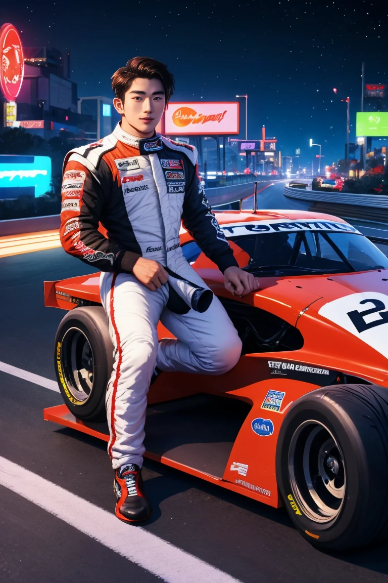 Handsome Korean man in race car racing uniform, no pants, big cock cums. In a go-kart In the night city, neon lights