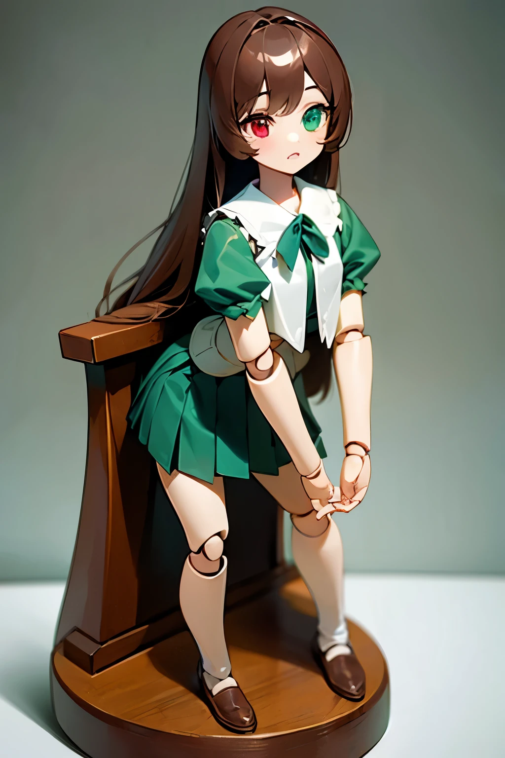 doll joints,(masterpiece,Best quality, detailed),1girl, nude, character doll,, masterpiece, best quality, highly detailed
 suiseiseki, (Heterochromia:1.35), Red eyes, green eyes,  Double drill bits, long hair, Brown hair, Seraphuku, white Seraphuku, tie, red tie, Green Sailor Collar, skirt, pleated skirt, green skirt, golf courses, white socks, brown footwear, , whole body, (doll joints, joints:1.2), White background