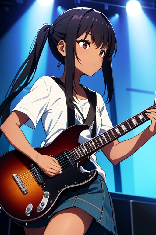 A short, dark-skinned girl with black hair braided in two pigtails with an electric guitar in her hands on stage
