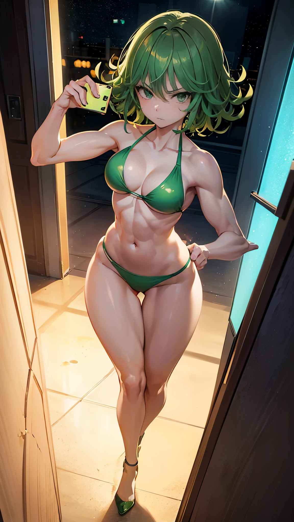 (((1 girl))), (Tatsumaki of a punch man), (short green hair), (green eyes), , (((wearing bikini))), full body view, (in a motel room ) , (((slim, muscular legs))), thin waist, stomach muscles, big ass, (((full body photo))), wearing a green high heel shoe, (((looking up taking selfie ))) , (((moody))), (HDR), eye flare, extended eyes, extended eyes, moody, anime, minimalism, anime style, ray tracing, Cinematic lighting, Cinematic lighting, Shine, Shine, jpeg artifacts, bright light, god rays, ray tracing, drop shadow, Sony FE, Ultra-HD, artwork, precise, precise, anatomically correct, super detail, high quality, best quality, very high, 16k