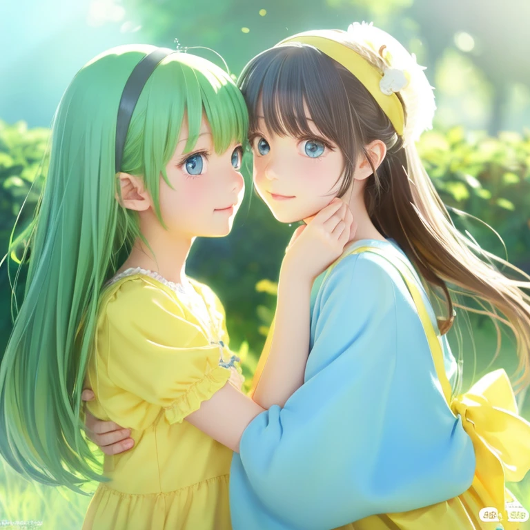 anime illustration、masterpiece、、cute、light blue eyes、yellow green,yellow、Gentle atmosphere、Warm atmosphere、strength to protect love