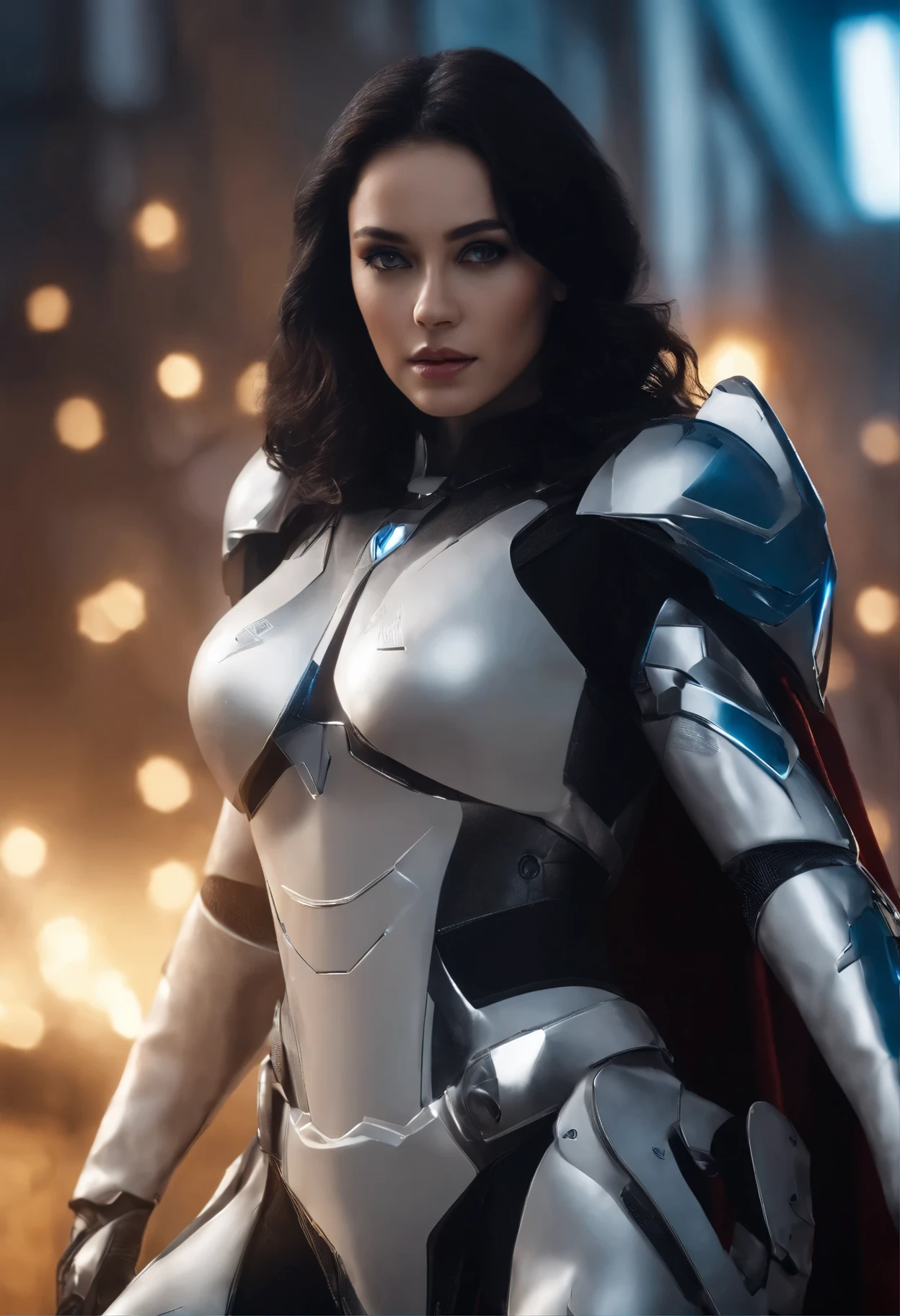1girl, black hair, blue eyes, wearing full body armored suit, particles in background, absurdres, high res, ultrasharp, 8K, masterpiece, looking at viewer, cat girl ears same color as hair, mask, hands armored gloves, long cape, tmasterpiece, ultra fine photos, best qualtiy, realisticlying, rays of sunshine, full-body portraits, cleavage breasts, delicated face,Vibrant eyes,very highly detailed background, detailed background, opulent, high detail skin, Realistic details of skin,Visible pores,Clear focus,volume fog,8K UHD,digital SLR camera,high high quality,filmgrain,White skin of the,photorealistic