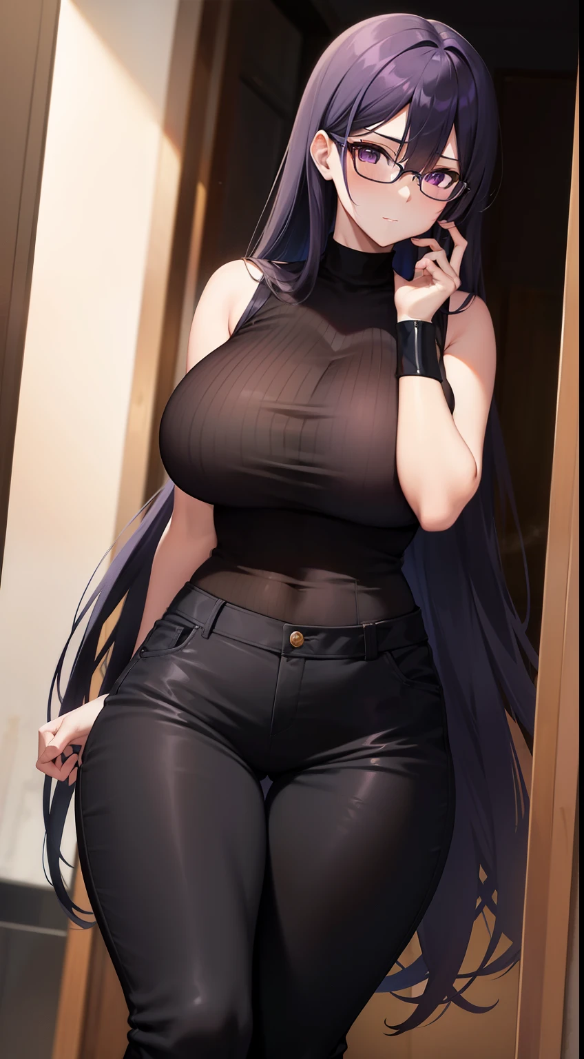 Beautiful woman、 long black hair, purple eyes, Glasses, Black sleeveless shirt, huge breasts, pants, heavy oil, peeping tom, masterpiece, high quality、It's hard to breathe