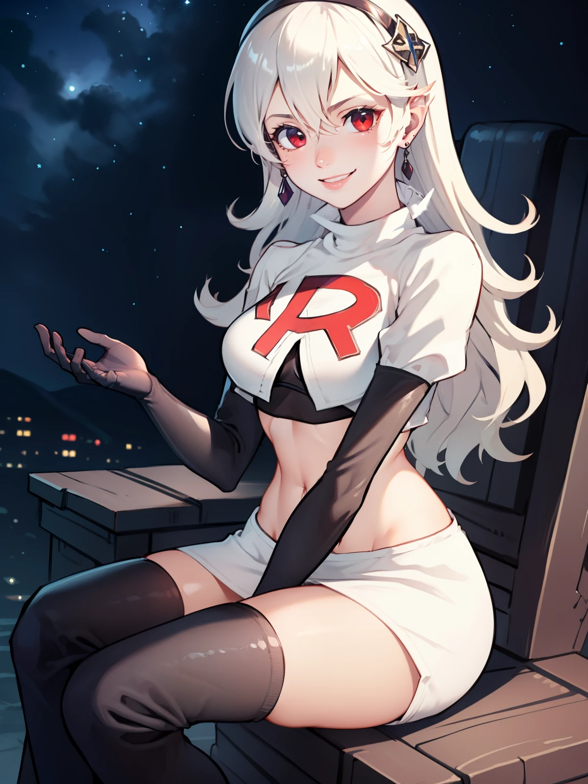 
defCorrin, black hairband ,earrings, glossy lips ,team rocket uniform, red letter R, white skirt,white crop top,black thigh-high boots, black elbow gloves, evil smile, sitting down ,legs crossed, night sky background