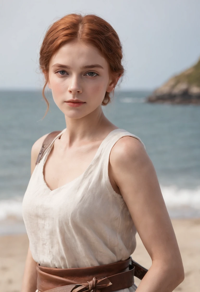 Full body photo of the girl、Beautiful Norwegian 13 year old girl、girl with hazel eyes、redhead pixie cut、dusty face、Medieval dress、White linen clothes、she wears leather armor、not plate armor、Leather gloves、linen sarouel pants、Leather sandals、she holds a bronze sword in her right hand、she holds a wooden shield in her left hand、Girl standing against the background of a sandy beach、Wind、sharp focus、realな顔の肌、heavy atmosphere、erotic face、hyper quality、High definition、real、photorealism、16k、4k、cinematic、