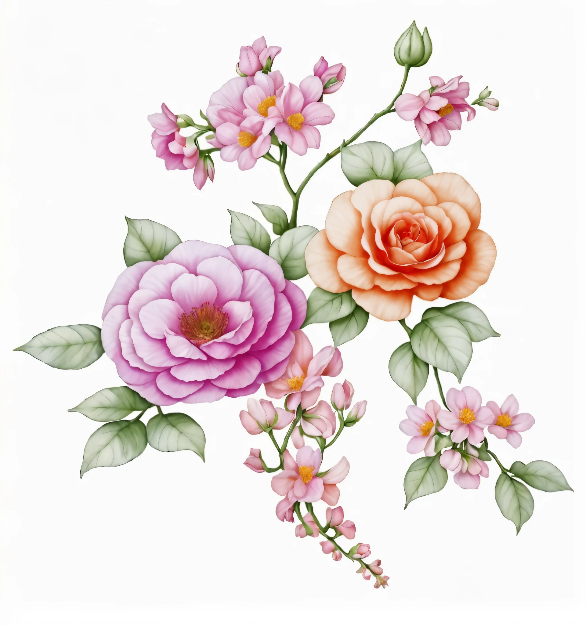 there are two roses and a budding on a branch, by Ju Lian, by Nagasawa Rosetsu, by Liao Chi-chun, inspired by Nagasawa Rosetsu, by Ayako Rokkaku, decorative roses, floral renewal, detailed flowers, by Li Mei-shu, intricate flower designs, flowers with intricate detail, with colored flowers