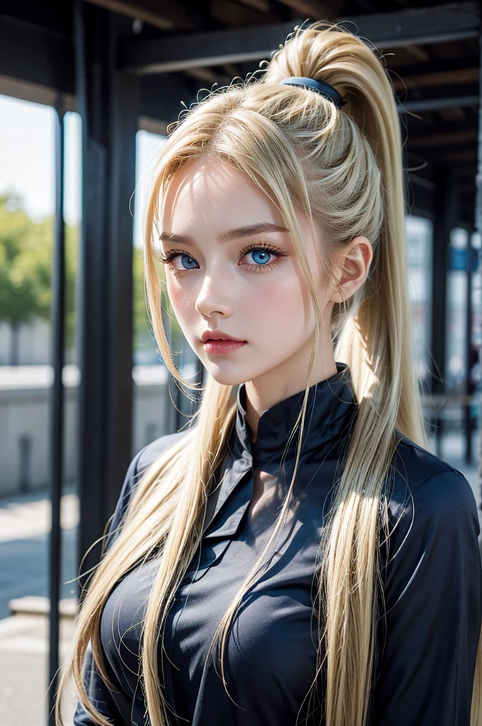 long ponytail, blue eyes, blonde