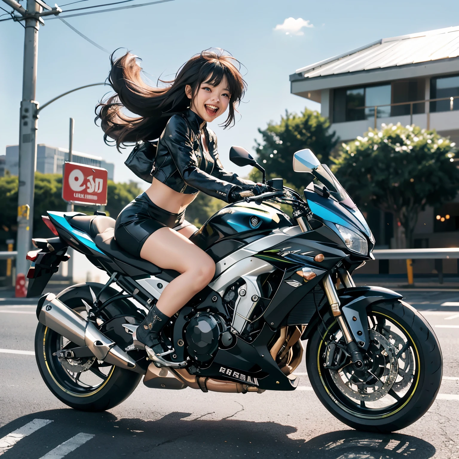Imitate the above sentences to complete the following prompt words:
A Kawasaki bike speeding through the city, with a sense of speed enhanced by its (motion blur: 1.3) and (speed lines: 1.4). The (best quality, 8K, highres) portrait of a young girl with silver hair, flowing from the middle, adds a touch of (bokeh) to the scene. At just 18 years old, she possesses a cute face that is (laughing: 1.3) and (looking at the viewer: 1.3), exuding a captivating aura. The blue metallic color of the bike, named Mayola, further adds to its appeal, complemented by the