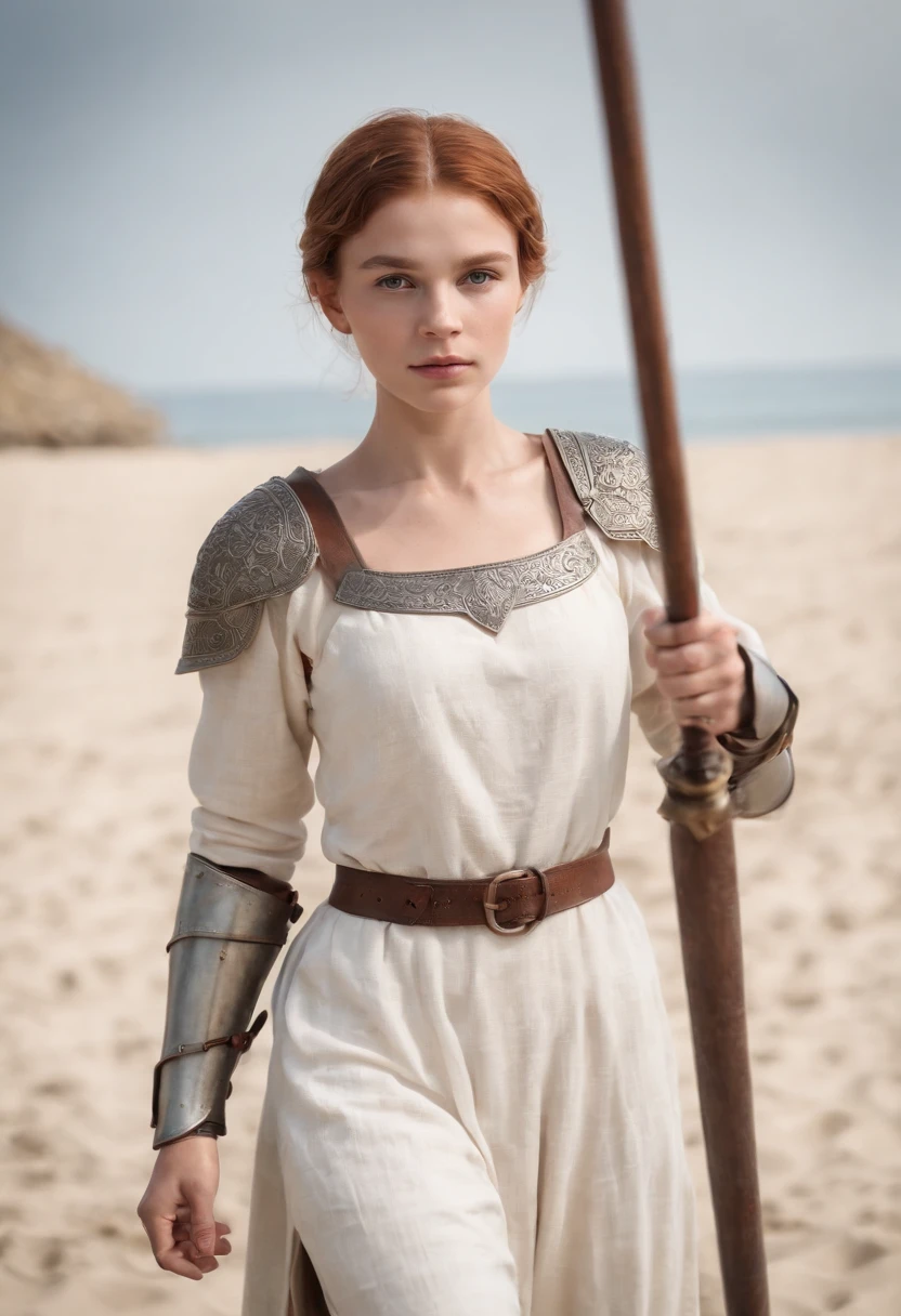 Norwegian girls、beautiful 13 year old girl、Redhead ponytail、dusty face、He wears leather armor over his linen clothes.、she holds a copper sword in her right hand、leather gloves on hands、She is wearing linen sarouel pants、Leather sandals、Girl standing against the background of a sandy beach、Wind、全身のphotorealism、sharp focus、realな顔の肌、heavy atmosphere、erotic face、hyper quality、High definition、real、photorealism、16k、4k、cinematic、