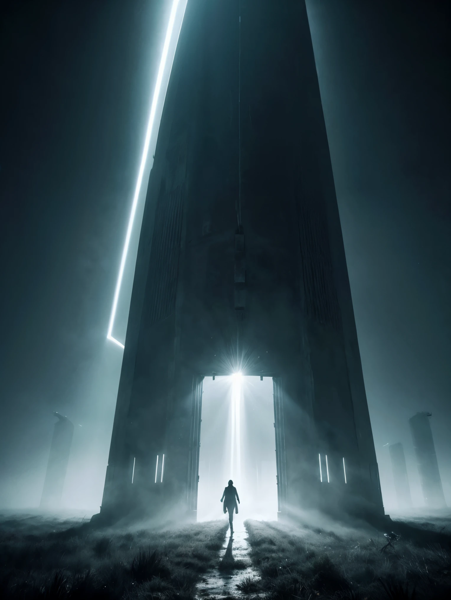 An intense and chilling depiction of an otherworldly abduction, showing a bright beam of light cutting through the darkness of a lonely field, as a terrified human is lifted off the ground by a mysterious, hovering spacecraft. The scene is filled with tension and mystery, capturing the fear and intrigue of an encounter with extraterrestrial beings. The lighting is eerie, casting long shadows and creating a sense of eerie suspense. The colors are a mix of deep blues and grays, adding to the overall atmospheric and surreal nature of the image.