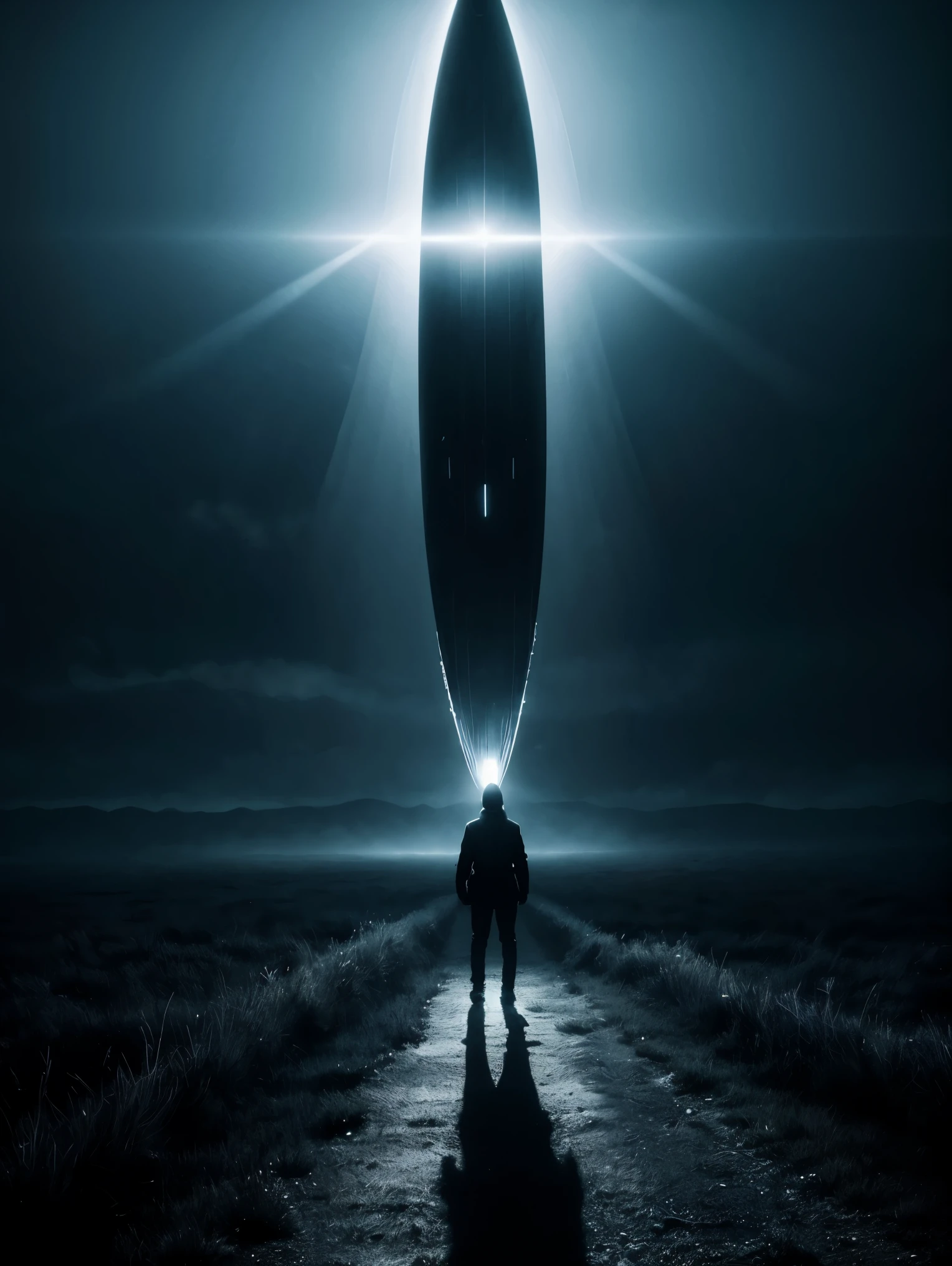 An intense and chilling depiction of an otherworldly abduction, showing a bright beam of light cutting through the darkness of a lonely field, as a terrified human is lifted off the ground by a mysterious, hovering spacecraft. The scene is filled with tension and mystery, capturing the fear and intrigue of an encounter with extraterrestrial beings. The lighting is eerie, casting long shadows and creating a sense of eerie suspense. The colors are a mix of deep blues and grays, adding to the overall atmospheric and surreal nature of the image.