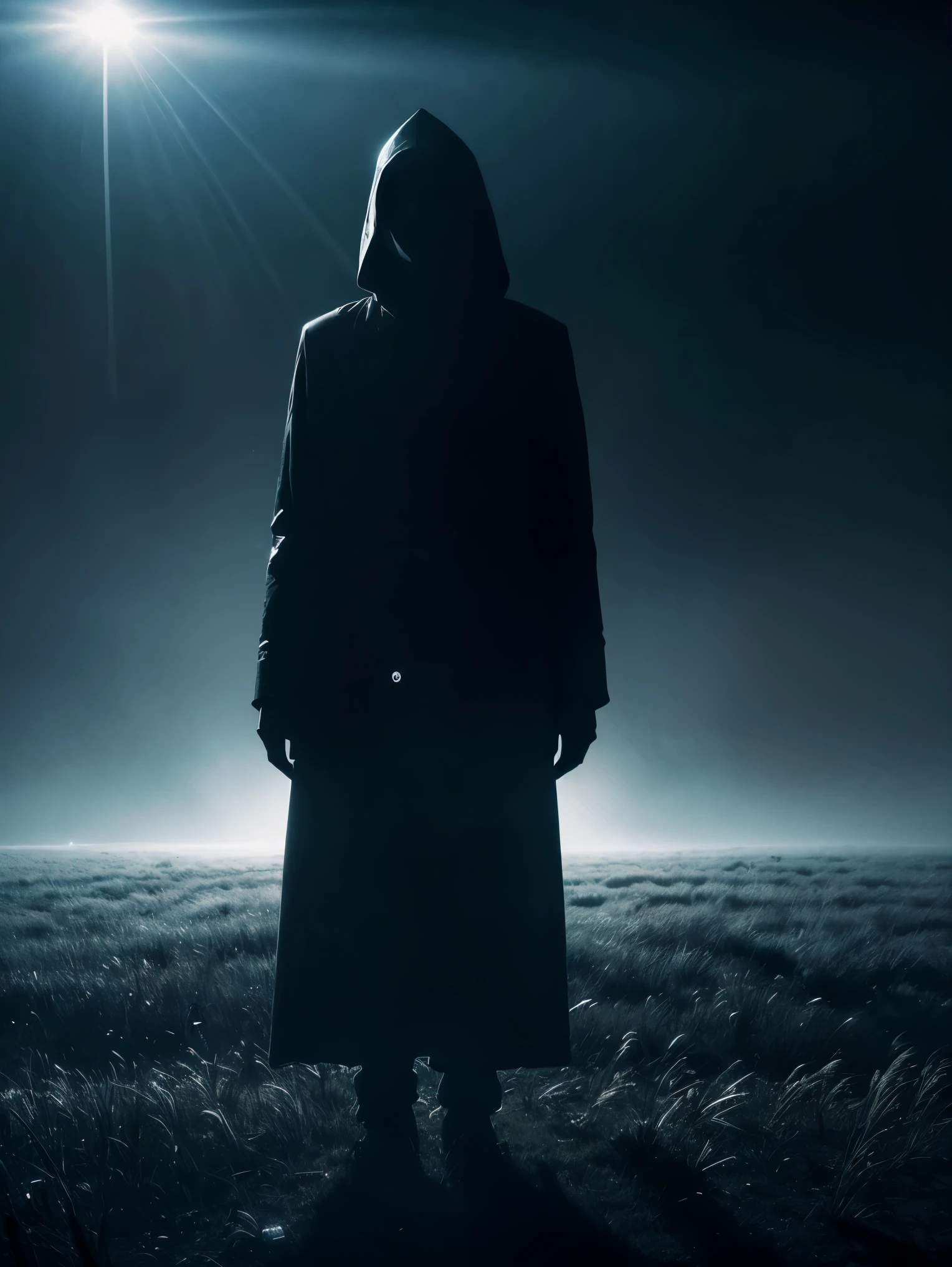 An intense and chilling depiction of an otherworldly abduction, showing a bright beam of light cutting through the darkness of a lonely field, as a terrified human is lifted off the ground by a mysterious, hovering spacecraft. The scene is filled with tension and mystery, capturing the fear and intrigue of an encounter with extraterrestrial beings. The lighting is eerie, casting long shadows and creating a sense of eerie suspense. The colors are a mix of deep blues and grays, adding to the overall atmospheric and surreal nature of the image.