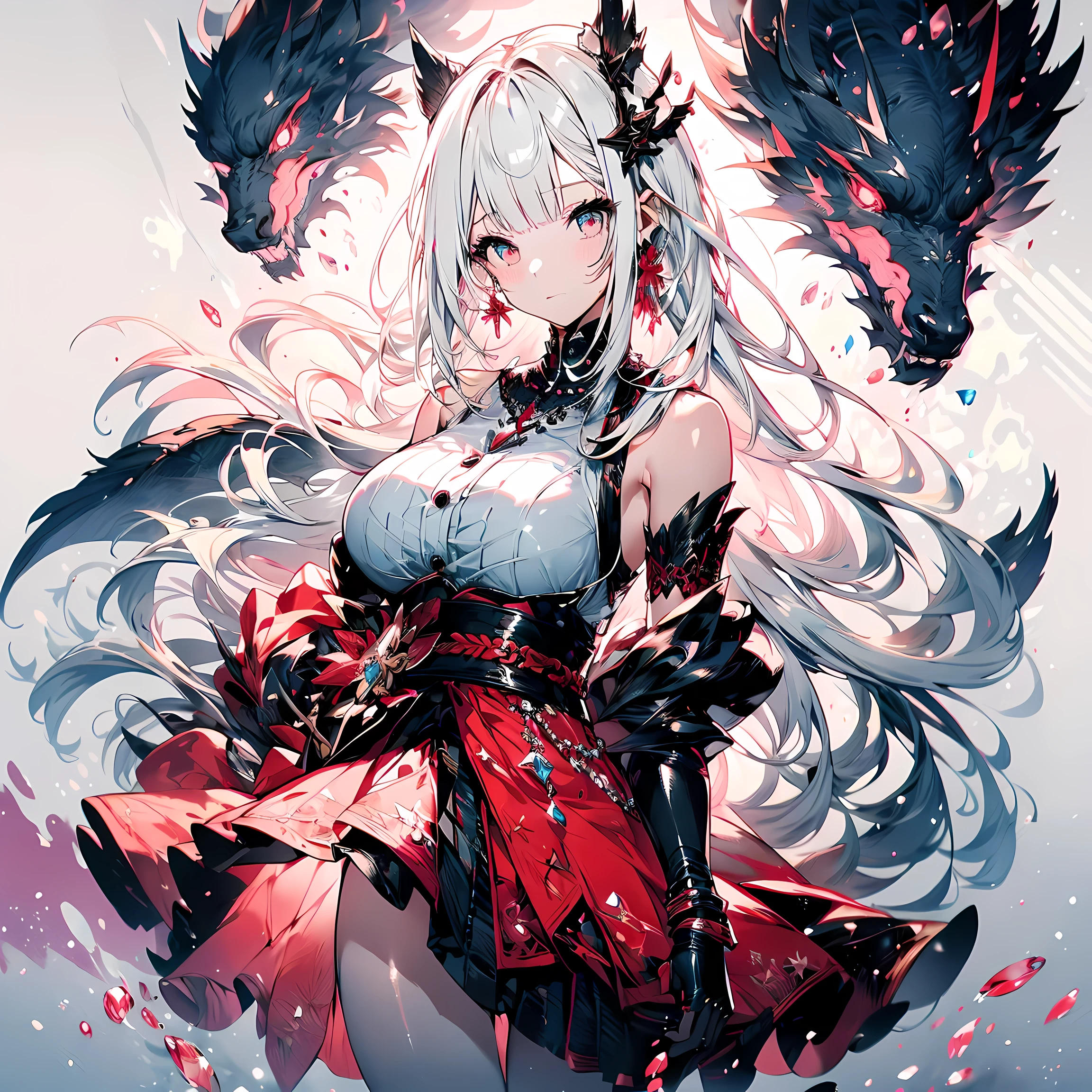 {best quality}, {{masterpiece}}, {high resolution}, Very meticulous girl, alone, sharp focus, {{{{{{{{White background}}}}}}}}, {{{Features{{{1 girl}}}}}}, alone, permanent, faint smile, closure Mouth, Beautiful and delicate eyes, {{{{{sharp focus}}}}}, {{{{{masterpiece Features design reference sheet}}}}},ahog, amco, blunt bangs, blush, bride_handguard, Capulet, closure_Mouth, Detached sleeves, earrings, black Capulet, {{{white hair}}}, hair accessories, high resolution, jewelry, looking at the audience, very long hair, simple background, alone, {{{{{whole body}}}}}, red eyes, White background, crystal eyes, {{{gold trim}}}, {{{very dark skin}}}, small breasts, short skirt, Final Fantasy 14, legs focus