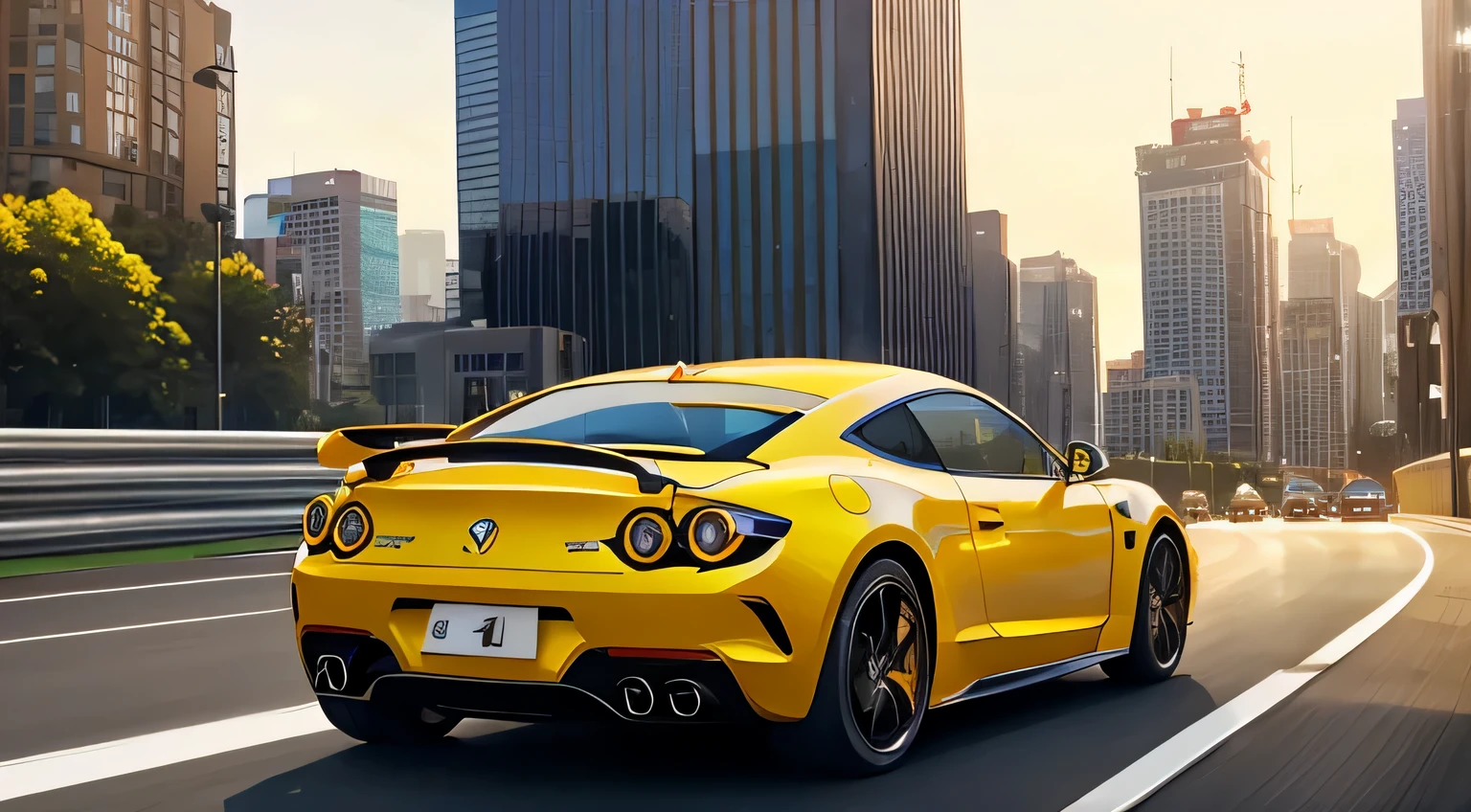 yellow sport car, view from behind, fast driving in city traffic