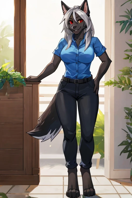 anthropomorphic, female, red eyes, silver hair, wolf, hellhound, (((1girl))), (((blue shirt))), (black pants), (blue flannel shirt), full body, cute and sexy, black skin, long digitigrade legs, smiling, big breasts