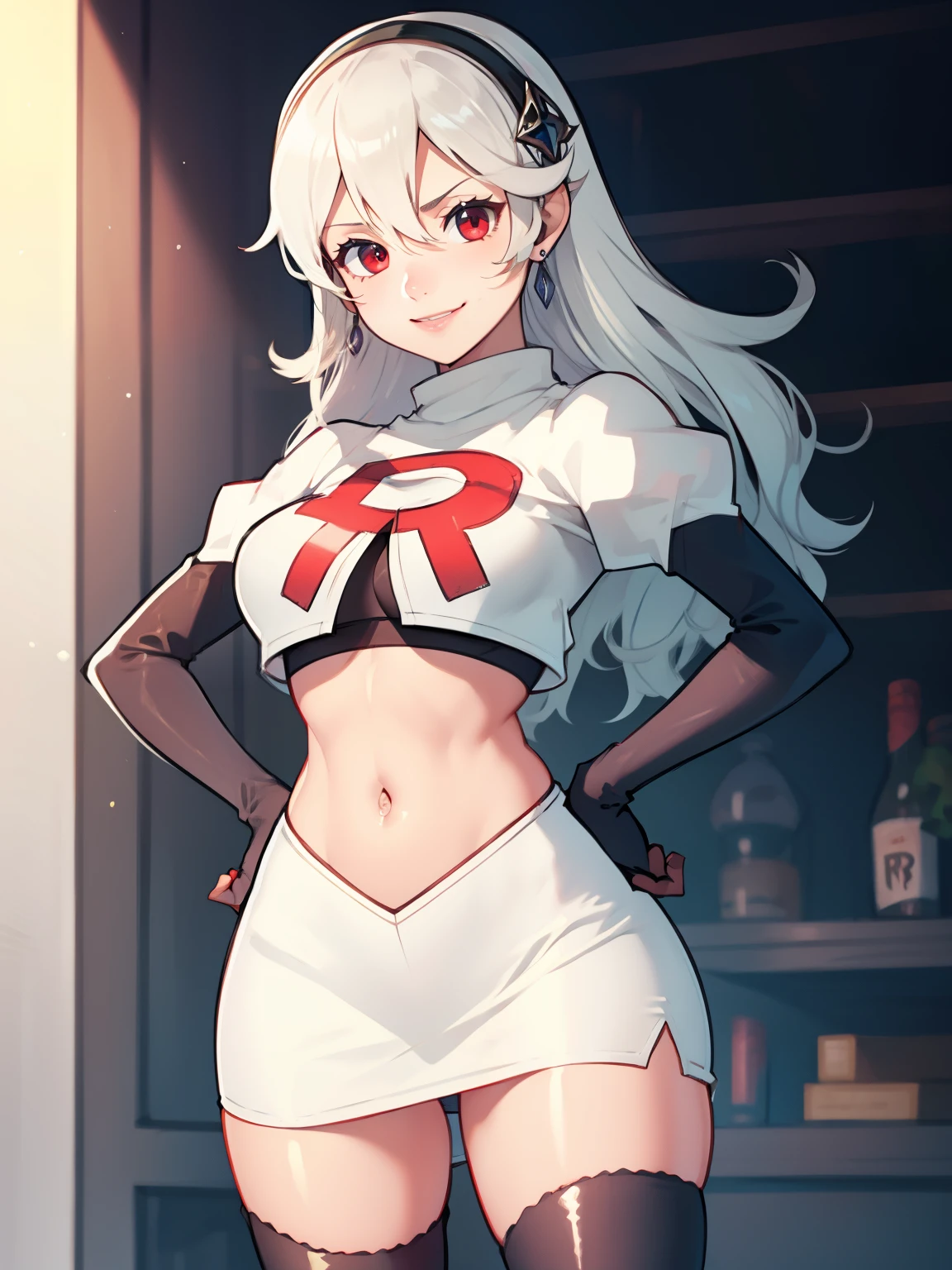 
defCorrin, black hairband ,earrings, glossy lips ,team rocket uniform, red letter R, white skirt,white crop top,black thigh-high boots, black elbow gloves, evil smile, hands on hips