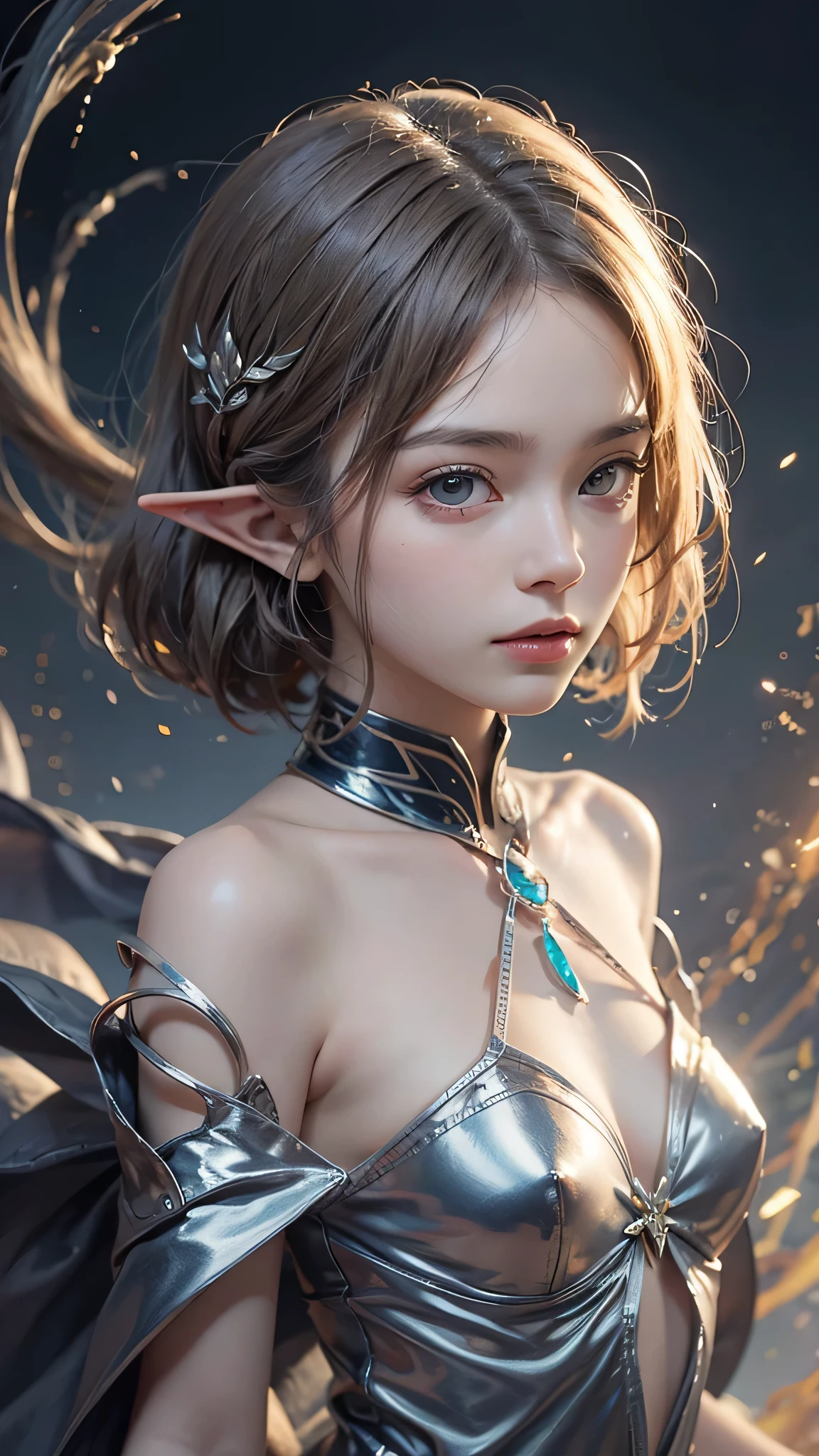 (Close-up:1.4)、(RAW photo:1.2)、(photorealistic:1.4)、(masterpiece:1.3)、(最high quality:1.4)、(Beautiful woman with perfect body:1.4)、solo、7 head and body、(cute face)、(cute:1.2)、(full body shot)、(big breasts:1.3)、(beautiful detailed eyes)、(charming big eyes)、(beautiful double eyelids)、(beautiful and detailed face)、(short hair:1.2)、(fantasy、Magic Effects、summoner:1.3)、(Half-Elf:1.2)、emilia、silver hair、strong wind、See-through、Wet、short hair、dark hair、slender、small butt、beautiful feet、skinny legs、Surrealism、cinematic lighting、Depth of bounds written、first person perspective、ticker、muste piece、curate、(perfect anatomy:1.2)、textured skin、super detail、high details、high quality、best quality、High resolution、8K、illumination、