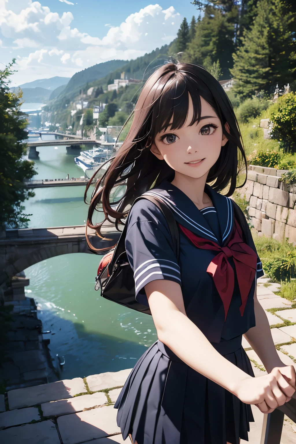 very cute and beautiful girl,(highly detailed beautiful face and eyes:1.2),
(smile),black hair,(sailor school uniform,pleated navy blue mini skirt),dynamic pose,dynamic angle,looking at viewer,
many european houses with red roof,(town overview),narrow river and stone bridge far away in distance,detailed landscape,
(best quality,masterpiece:1.2),absurdres,highres,ultra-detailed,extremely detailed,32k,
cinematic scene,detailed background,solo,dynamic angle,solo,
hair fluttering in the wind,beautiful detailed sky,