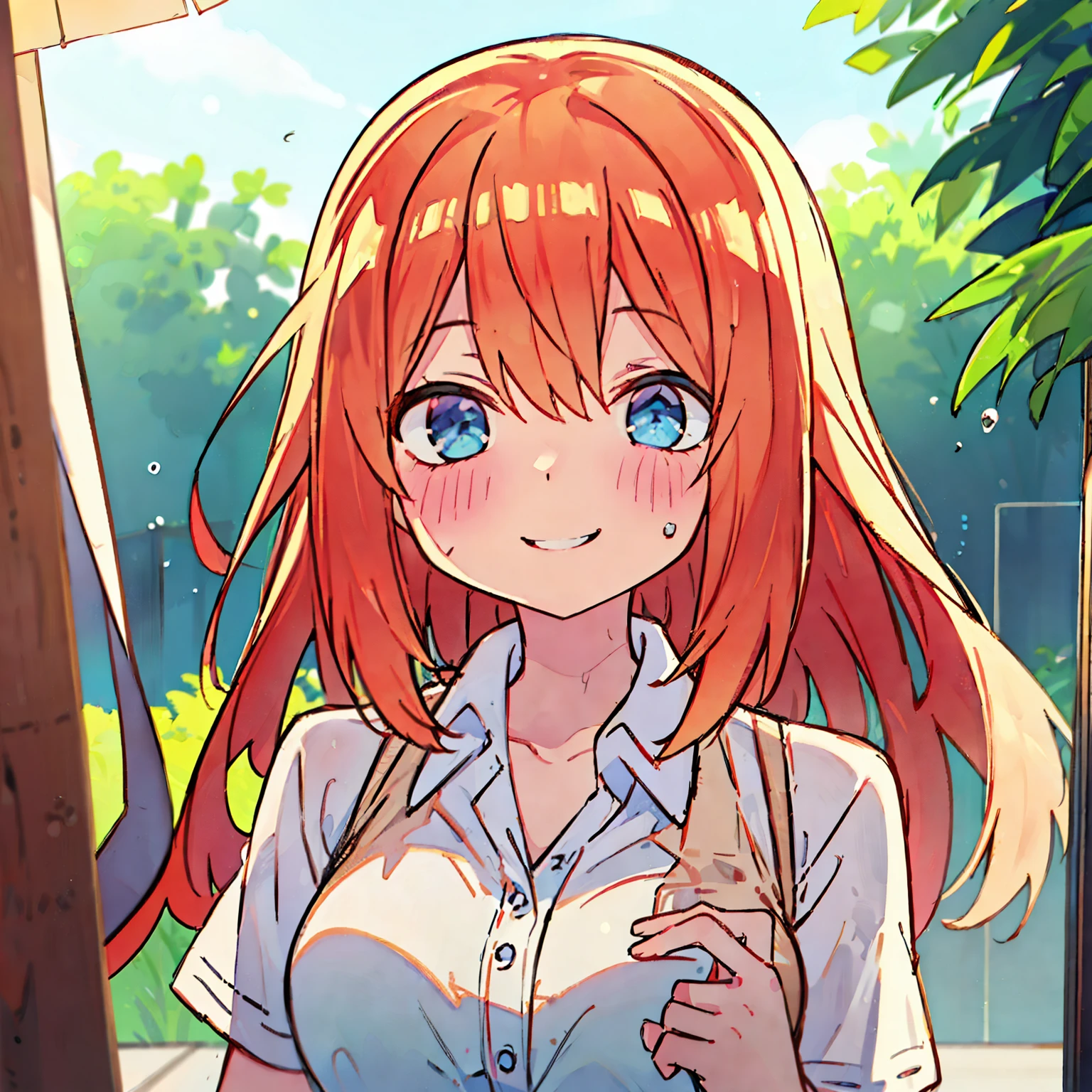 Wallpapers, poster, summer, blue sky, white clouds, HD Detail, Moist Watermark, Ultra Detail, Movie, Hyper Realism, Soft Light, Deep Focus Bokeh, Ray Tracing, --niji 5 Summer ( Watercolor ( Watercolor \ ( Medium \), Sketch, Iris: 1.2), intricate details, sfw, Armin Arlert, delicate featured young man, smooth skin, clear light skin, blonde hair, cyan eyes, bright innocent smile, soft laugh, button up shirt, Armin Arlert, 4k, ultradetailed, masterpiece