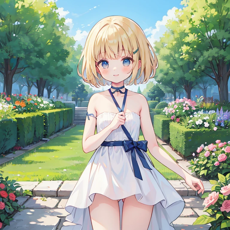 masterpiece, highest quality, disorganized, perfect anatomy, 1 girl, alone, , short hair, beautiful, Hilarious, sunny day, botanical garden, Summer winds, naked, wavy hair, smile,Pussy
