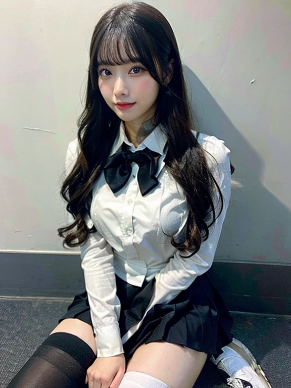 ((masterpiece)), (realistic: 1.2) masterpiece, 最high quality, high quality,High resolution,white skin,perfect body, 最high quality, ultra detail,Emphasized big breasts, Mature,beautiful, black hair, long hair, With bangs,school uniform,over knee socks,glowing skin,10th generation,Bewitching,foot, very detailed, parted lips