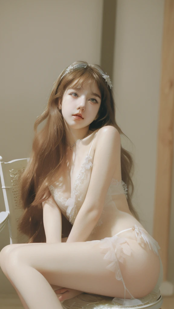 (((masterpiece))),(((best quality))),((Super detailed)), ((illustration)),floating, ((extremely delicate and beautiful)),(Beautiful and delicate eyes),((disheveled hair)), (),(sketch), 1 girl, small_breast,((neck)), blush,strappy underwear,small thong,bare legs, silver hair,Back less dress,sit on the chair,
