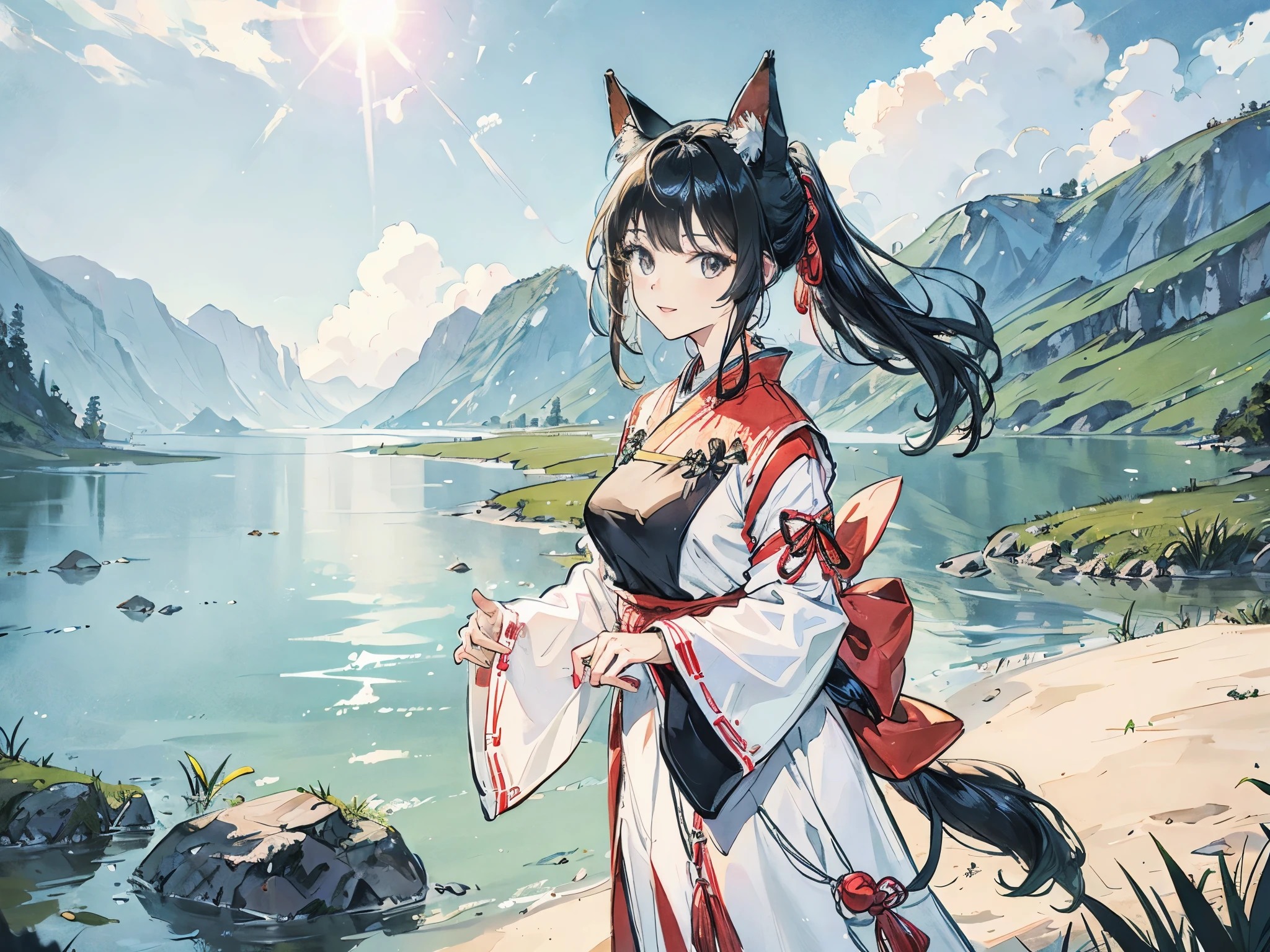 20th generation men、black hair、drooping dog ears、dog tail、happy look、long ponytail、Clothes that look like Asian folk costumes, mostly white、background grassland、The weather is sunny