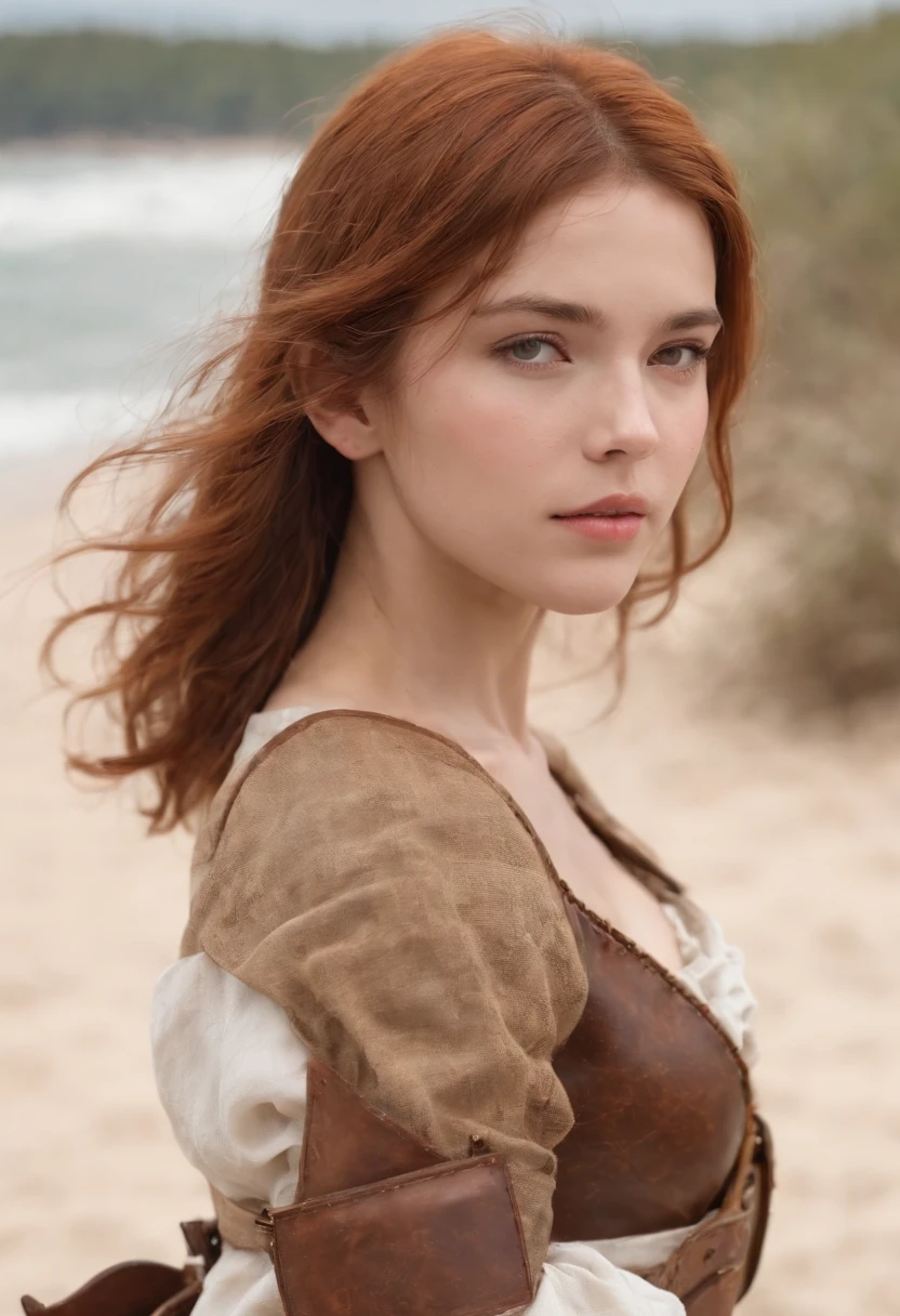 Full body photo of the girl、Beautiful Norwegian 13 year old girl、girl with hazel eyes、redhead pixie cut、dusty face、beautiful medieval female knight、she wears leather armor、not plate armor、Linen clothes underneath the leather armor、Leather gloves、linen sarouel pants、Leather sandals、she holds a bronze sword in her right hand、she holds a wooden shield in her left hand、Girl standing against the background of a sandy beach、Wind、sharp focus、realな顔の肌、heavy atmosphere、erotic face、hyper quality、High definition、real、photorealism、16k、4k、cinematic、