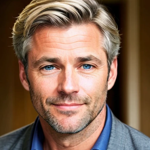 A man, 45 years old, with a handsome face and blue eyes smiling brightly, his short, ash-blonde and grey hair framing a slightly heavy build. He wore a cobalt blue two-dimensional t-shirt under a grey sweater, a red necktie peeking out from the open collar of his cinch-grey blazer.