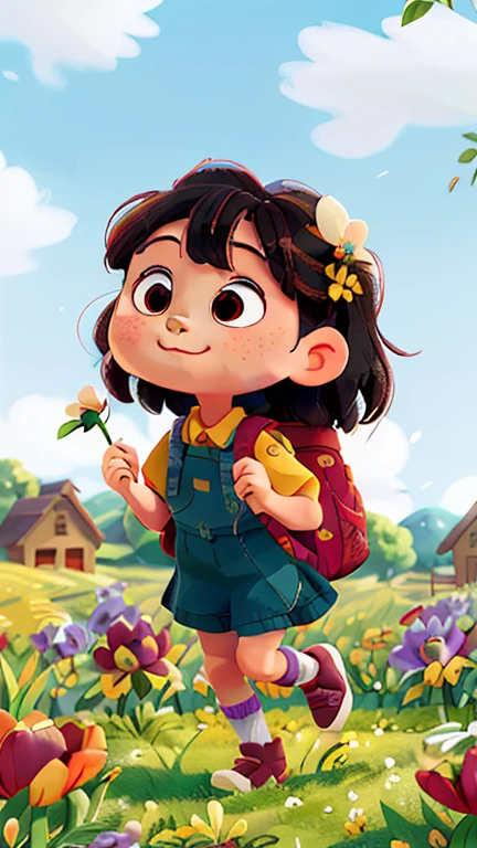 Cartoon girl carrying backpack in flower field, artstation for kids art, Lovely and detailed digital art, Lovely art style, Lovely detailed artwork, Lovely numbers, Girl in the flowers, Lovely numbers艺术, girl dancing in flower field, short full body portrait!, girl in a flower field, A beautiful artistic illustration, Girl jumping in flower field
