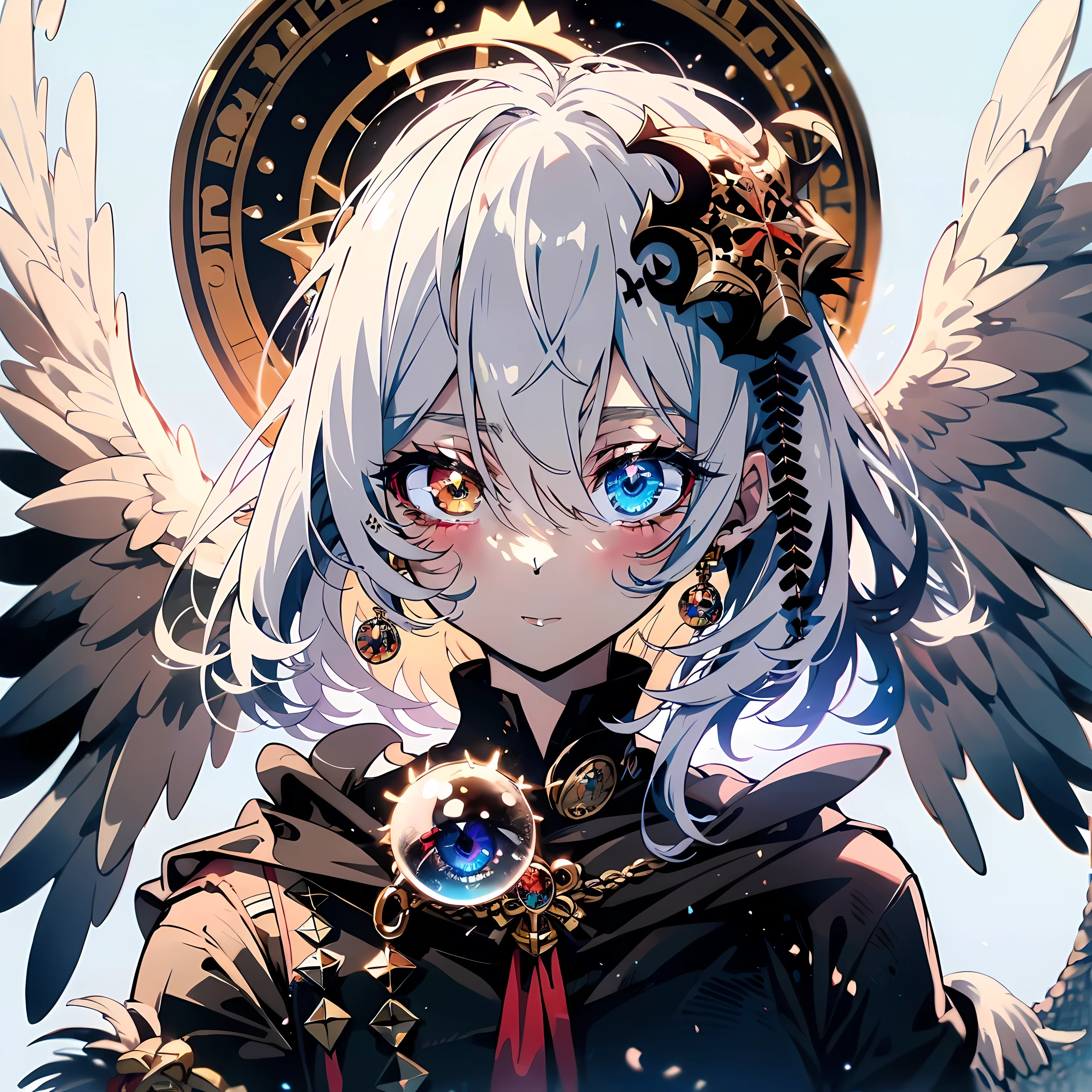 Looks holy monster angel,His eyes were waiting for heterochromia,His entire body consists of a giant one-eyed eye,There is a metal ring around one eye,Eyeballs are covered with rings,The dragon on the white holy angel has many wings