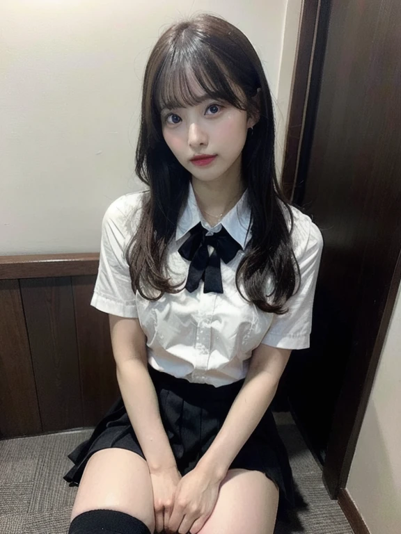 ((masterpiece)), (realistic: 1.2) masterpiece, 最high quality, high quality,High resolution,white skin,perfect body, 最high quality, ultra detail,big breasts,Emphasized big breasts, Mature,beautiful, black hair, long hair, With bangs,school uniform,over knee socks,glowing skin,10th generation,Bewitching,foot, very detailed, parted lips