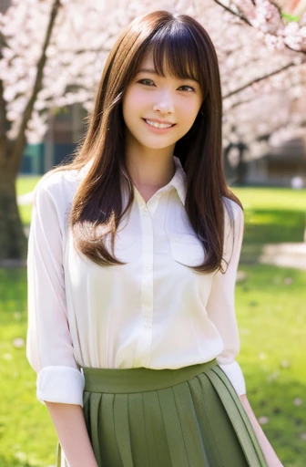 highest quality, soft light, ultra high resolution, (realistic:1.4), full_body,RAW photo, 1 japanese girl, alone, cute, (pupil, light in the eyes), detailed beautiful face,(High resolution details of human skin texture), (long hair), outdoor, Y-shirt,skirt, (portrait),spring,smile