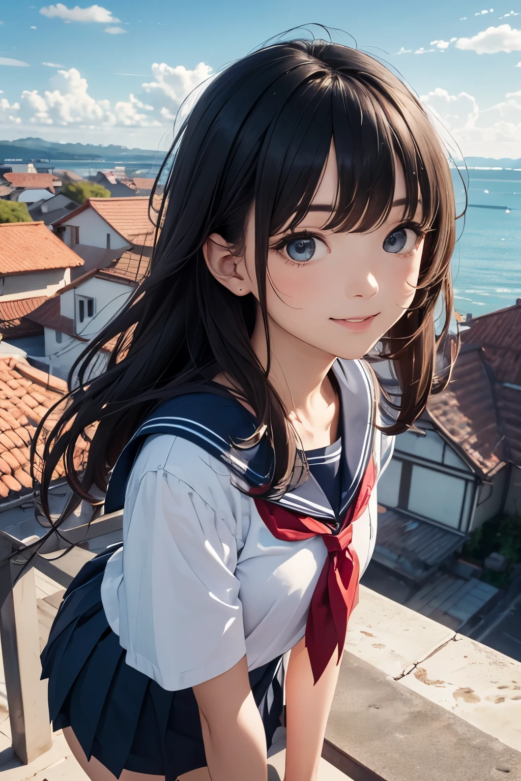 very cute and beautiful school girl viewing sea on hilltop,(highly detailed beautiful face and eyes:1.2),
(smile),cowboy shot,(sailor school uniform,pleated navy blue mini skirt),black hair,zettai ryouiki,
(looking at sea,from top of hill),many houses with red roof,detailed landscape,
(best quality,masterpiece:1.2),intricate details,extremely detailed,highres,solo,
dynamic angle,natural lighting,hair fluttering in the wind,beautiful detailed sky,