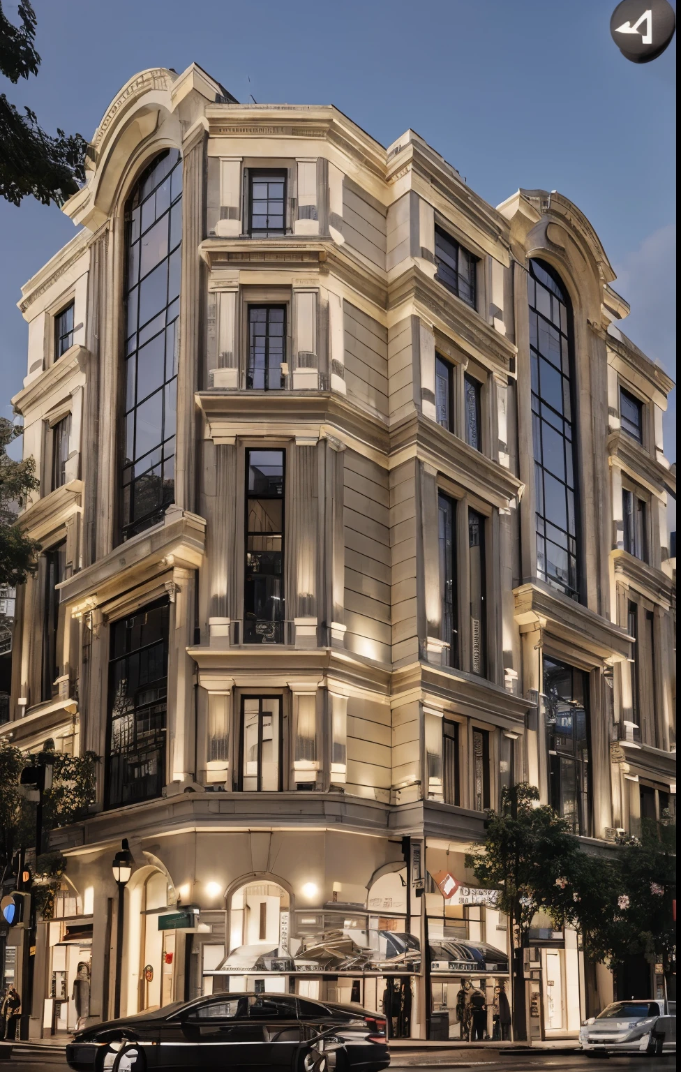 raw photo, exterior biulding view, architecture design, 8 floor biulding commercial and office, classical style, White stone facade, firs floor smal shopp  commercial, 2-8 floor office, large glass window, high detail, 8k uhd, dslr, soft lighting, high quality