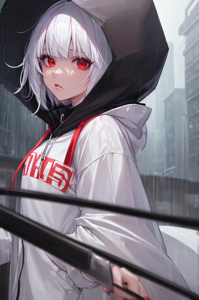 kk, best quality, more details, masterpiece, 1 girl, Kaneki Lab, portrait, female focus, red eyes, alone, Bangs, looking at the audience, hood, short hair, rain, tokyo tokyo \(City\),  hood up, nail polish, white hair, luxury, 8k, detailed, Ray tracing, depth of field, Cinema lighting,