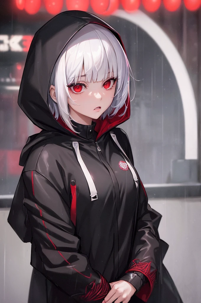 kk, best quality, more details, masterpiece, 1 girl, Kaneki Lab, portrait, female focus, red eyes, alone, Bangs, looking at the audience, hood, short hair, rain, tokyo tokyo \(City\),  hood up, nail polish, white hair, luxury, 8k, detailed, Ray tracing, depth of field, Cinema lighting,
