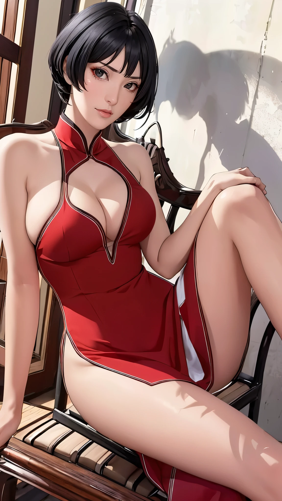 （（（Wearing a red slit cheongsam，Black gloves on both hands。（（（Kurotsuchi，short black hair，black pupils，Good-looking， ））），（（（wide hips））），S-shaped body:1.7））），((masterpiece)),high resolution, ((Best quality at best))，masterpiece，quality，Best quality，（（（ Exquisite facial features，looking at the audience,There is light in the eyes，lol，confidence ））），（（（Light and shadow interlace，huge ，cleavage））），（（（looking into camera，sit on the chair，one foot）））