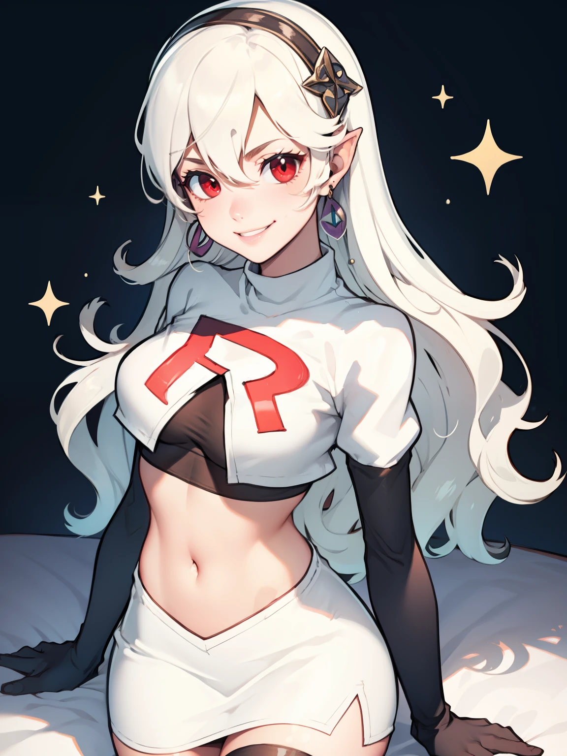 
defCorrin, black hairband ,earrings, glossy lips ,team rocket uniform, red letter R, white skirt,white crop top,black thigh-high boots, black elbow gloves, evil smile, 