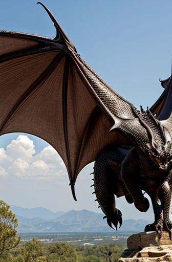 masterpiece(Best Quality, hight resolution, sense of reality:1.1), Ultra-detailed, A realistic lizard. Scales are shining. (It has horns). Its body is covered with thorns. (Wings like a bat). (((A face like a dragon))). It has big fangs. It has a long neck. It is very huge body. Seen from below. Beautifully detailed, solemnity, hight resolution, SLR camera, depth of fields