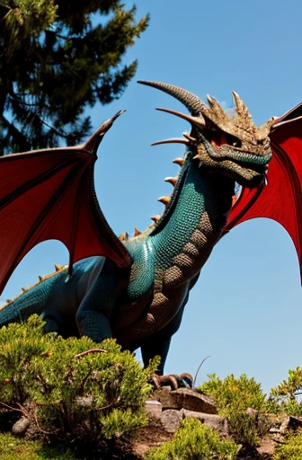 masterpiece(Best Quality, hight resolution, sense of reality:1.1), Ultra-detailed, A realistic lizard. Scales are shining. (It has horns). Its body is covered with thorns. (Wings like a bat). (((A face like a dragon))). It has big fangs. It has a long neck. It is very huge body. Seen from below. Beautifully detailed, solemnity, hight resolution, SLR camera, depth of fields