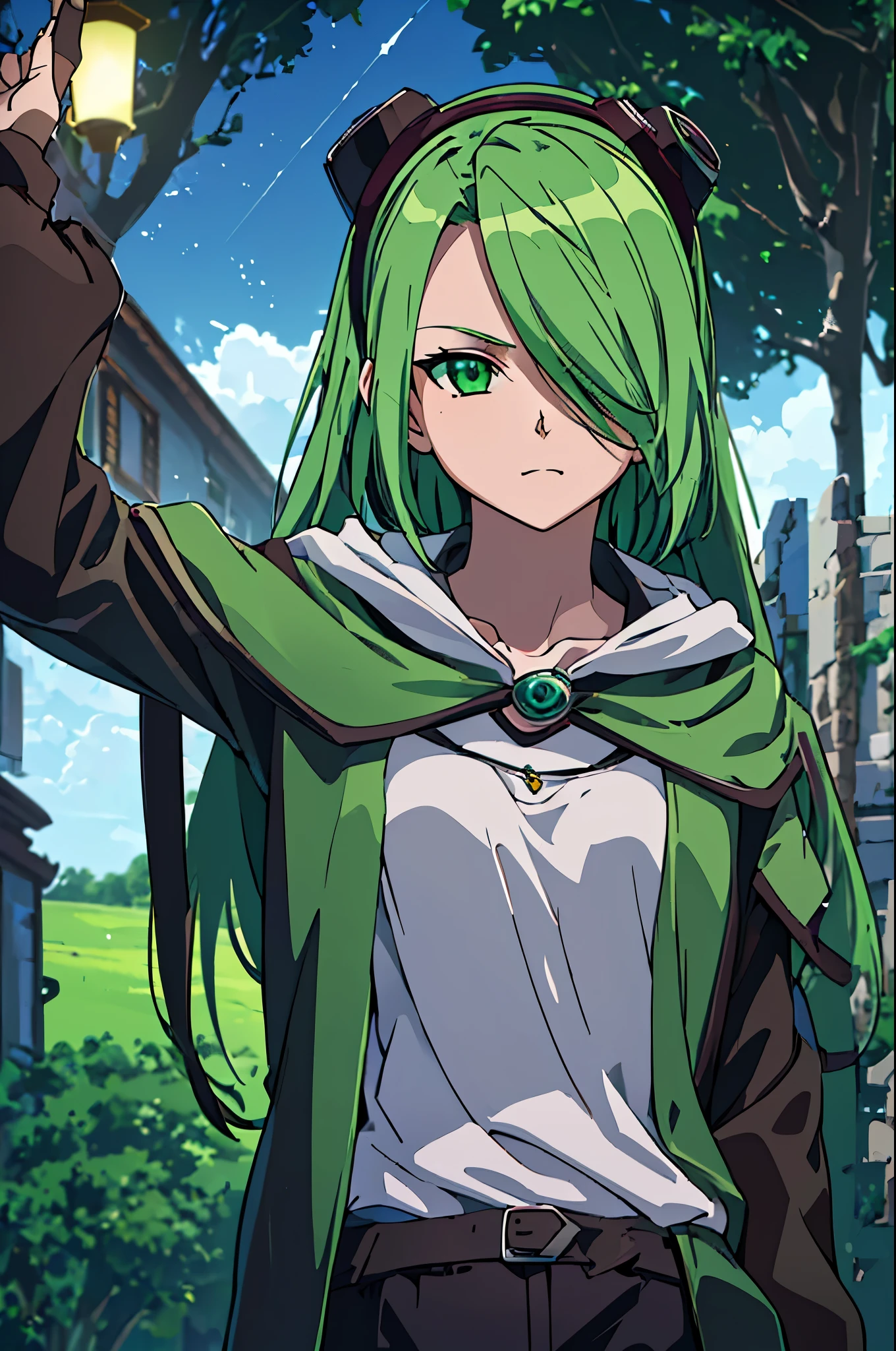 masterpiece, best quality, ((1girl)), (colorful), (finely detailed beautiful eyes and detailed face),cinematic lighting,body shot,extremely detailed CG unity 8k wallpaper, sky, cloudy_sky, building, moonlight, moon, night, (dark theme:1.3), light, fantasy, ((green Eyes)) (((green Hair))) ((Mischievous)) ((1girl)) ((Tomboy))