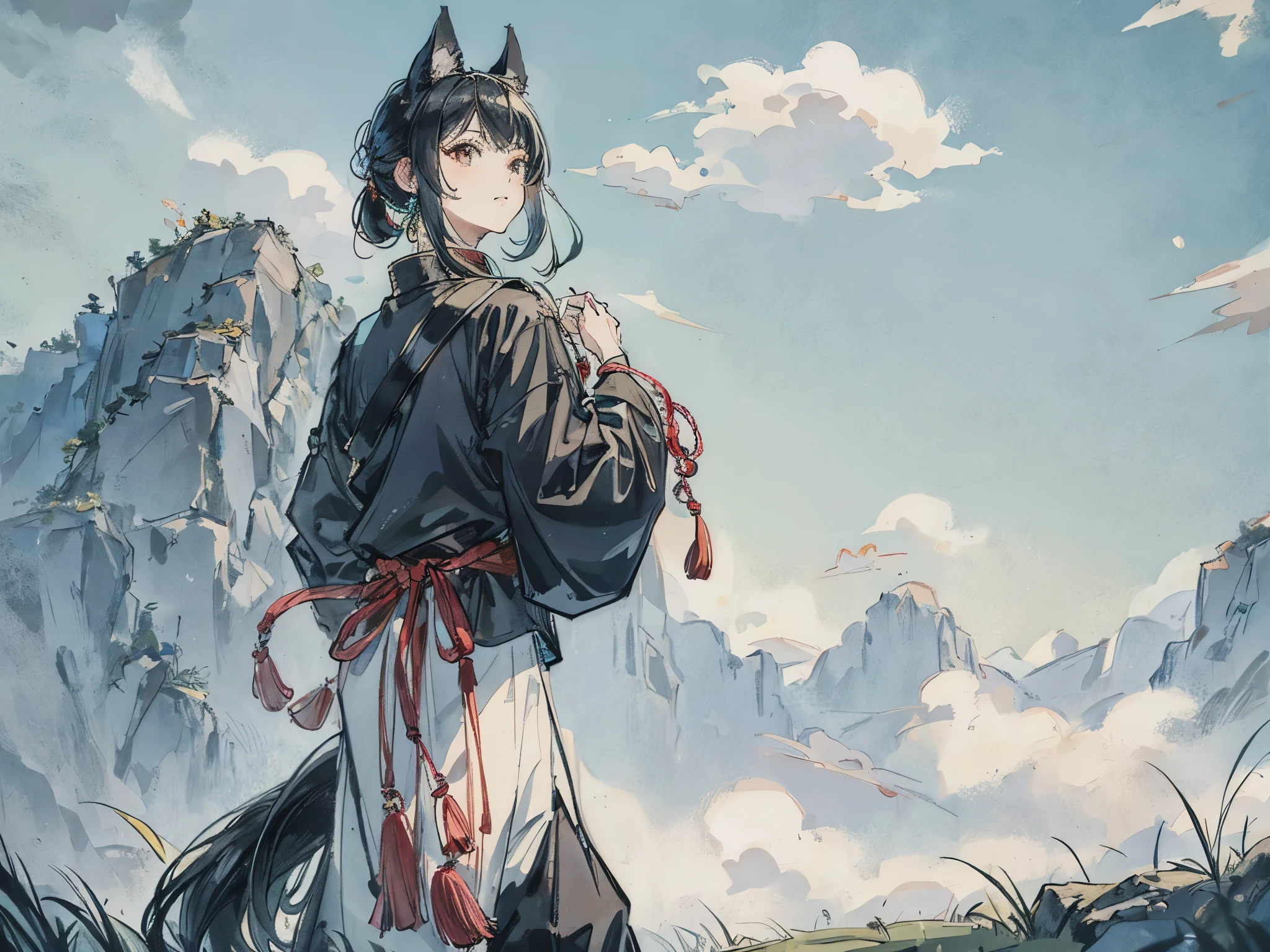 20th generation men、black hair、drooping dog ears、dog tail、happy look、long ponytail、Clothes that look like Asian folk costumes, mostly white、background grassland、The weather is sunny